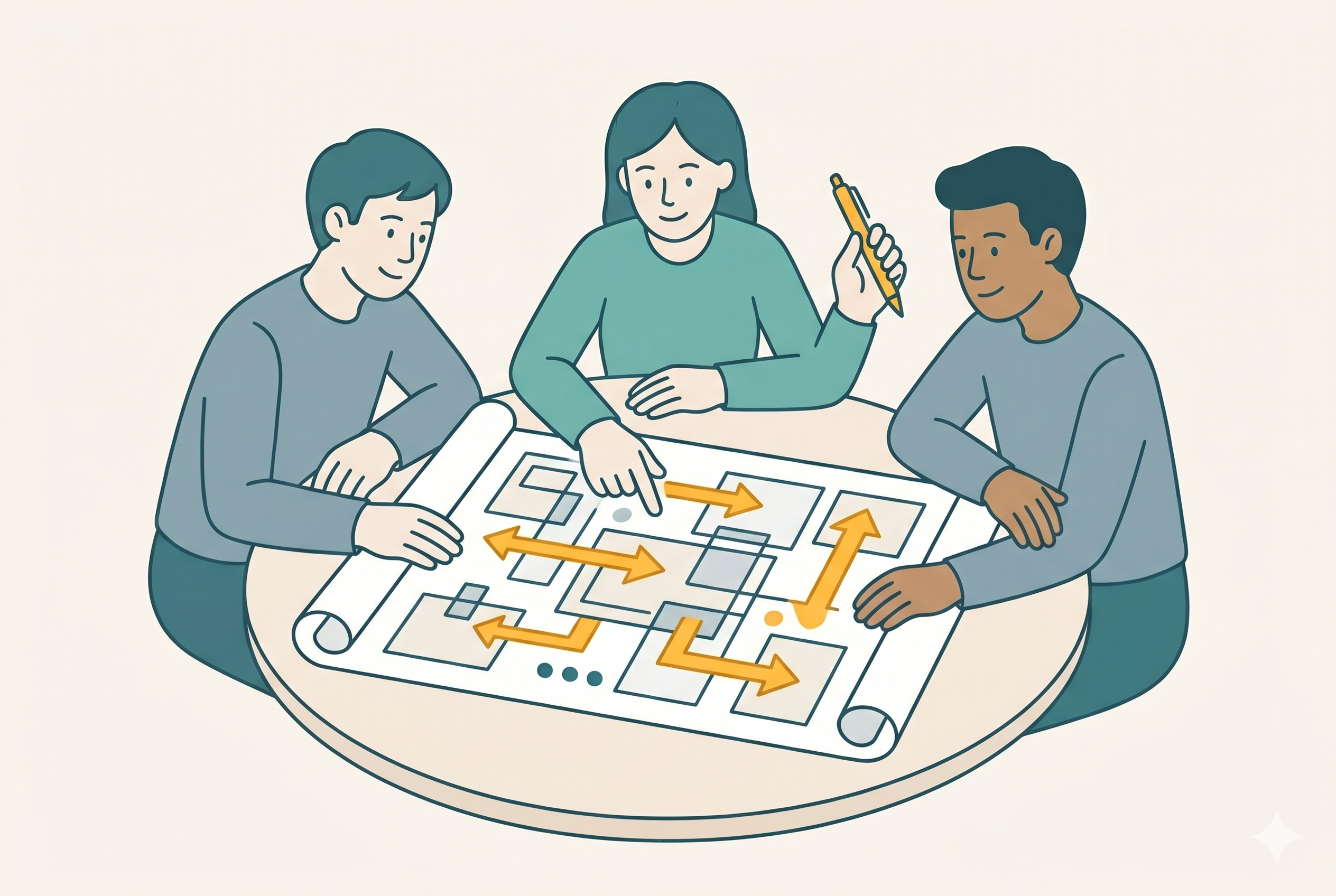 Gens qui réfléchissent autour d'un plan de projet structuré.
